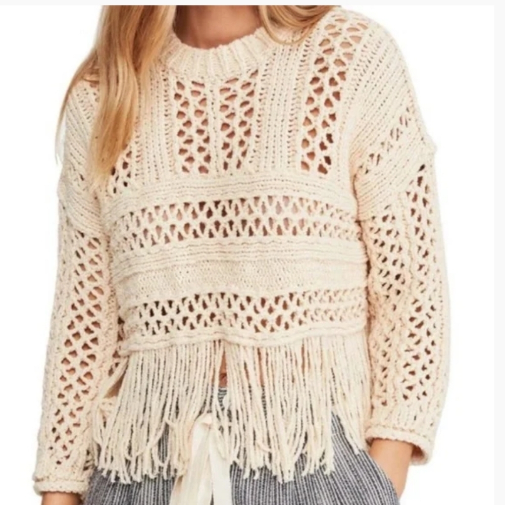 Free People Cream Crochet Fringe Sweater